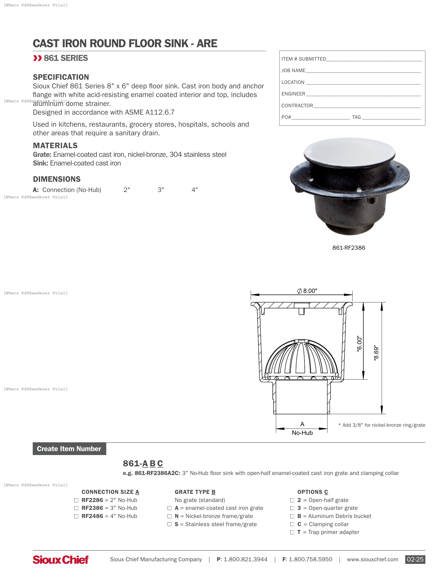 861-RF SERIES - 8X6 FLOOR SINK - SPEC SHEET.PDF Specification Document